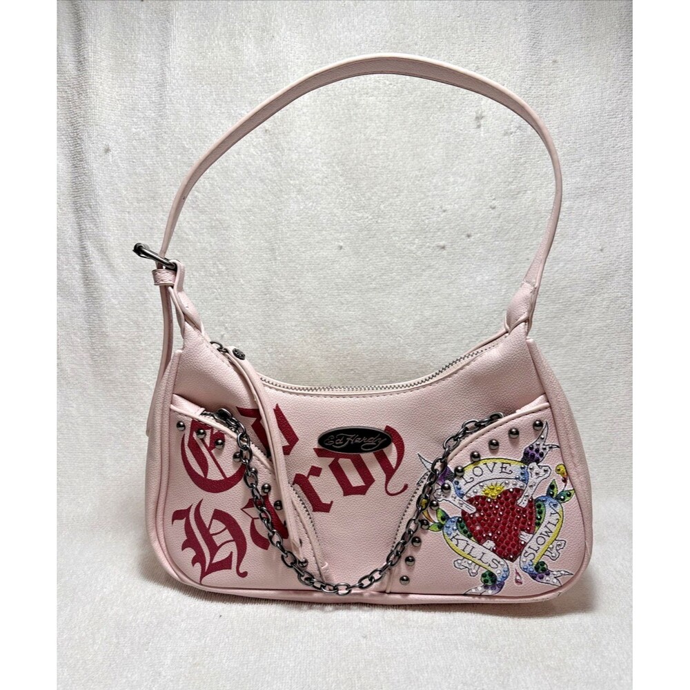 Ed Hardy Pink Love Kills Slowly Shoulder Bag Y2K Style Studded Rhinestone Chain